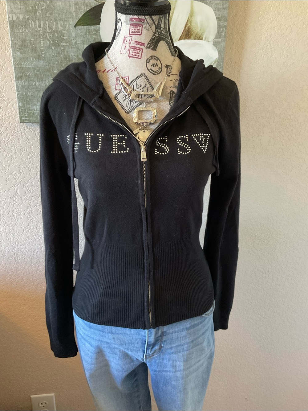 Guess Black Rhinestone Logo Zip-Up Hoodie Cardigan. Size tag M, runs small